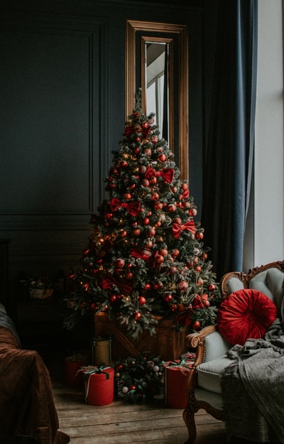 绿色圣诞树用红色的装饰物
